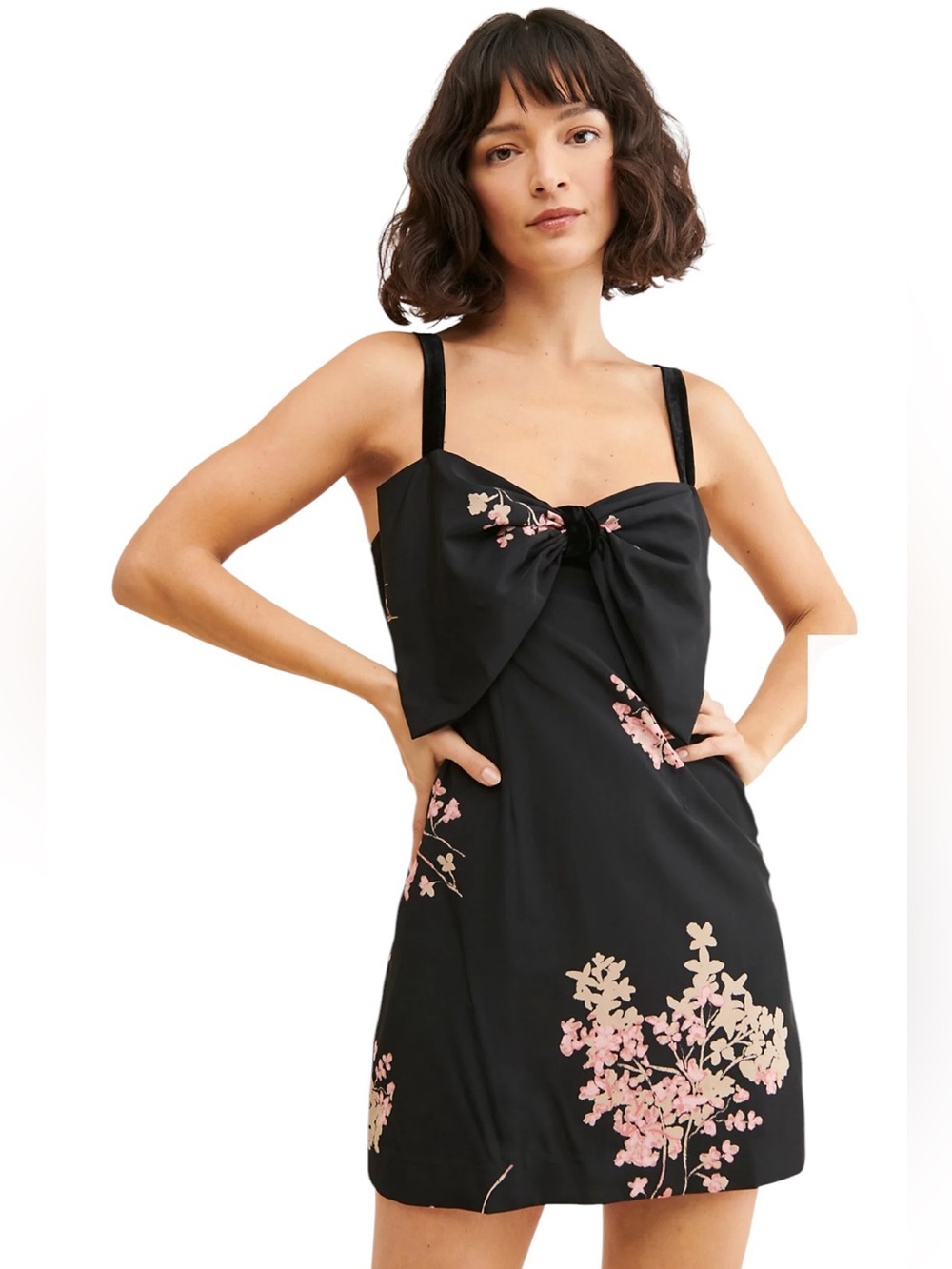 Free People Floral Mini Dress Sz S Black Pink Coquette Feminine Bow